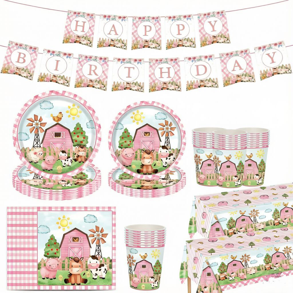 Table Cloth Disposable - Pink Farm Animal Themed Disposable Tableware,